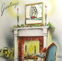 Christmas Greeting Card Clipper Pirate Ship Painting Over Fireplace Paramount - £5.46 GBP