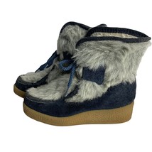 Vintage 70s Yodelers Suede Leather Boots 5 Blue Sherpa Wool Lined Wedge ... - £44.62 GBP