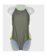 SUNDANCE olive green &amp; citron side stripe tie neck halter one piece swim... - $65.00 CAD