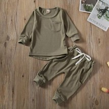 3M-3T Toddler Baby Moss Green Solid Cotton Pullover Pants Outfit Suit - £23.56 GBP