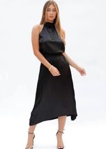 Bishop + Young Halter Dress Black Pleated Sleeveless 'Sari' Medium NWT - $24.74
