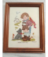 Vintage FRAMED CROSS STITCH Boy with dog &amp; apples countryside Hummel Signed - $12.50 CAD