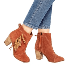 TOMS Lunata Western Boho Tassel Suede Bootie Stacked Block Heel, Brown S... - $59.00