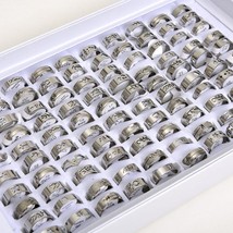 Wholesale 100pcs/lots Bulk Hollow Silver Color Stainless Steel Rings for Men Wom - £25.37 GBP