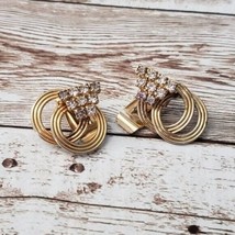 Vintage Clip On Earrings Gold Tone Double Hoop with Clear Gem - £7.70 GBP