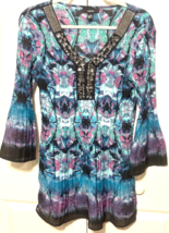 Alfani Artists Pattern Jewel Neckline 10 Bell Sleeves Floral Bursts Shir... - $14.85