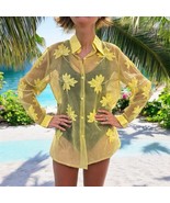 Vintage La Rea Yellow Sheer Long Sleeve Blouse Size M 3D Embroidered Mot... - $44.88