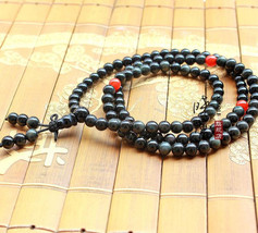 Free Shipping - Tibetan Buddhism Natural Black Obsidian Mala with Red agate / Ca - £31.63 GBP