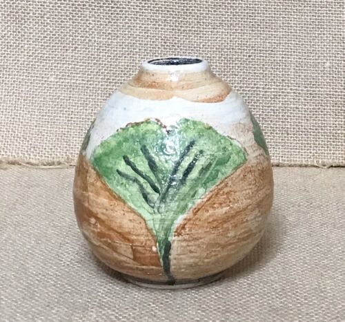 Primary image for Small 4 1/4 Inch Art Pottery Hand Painted Leaves Bud Vase Artist Initials SM