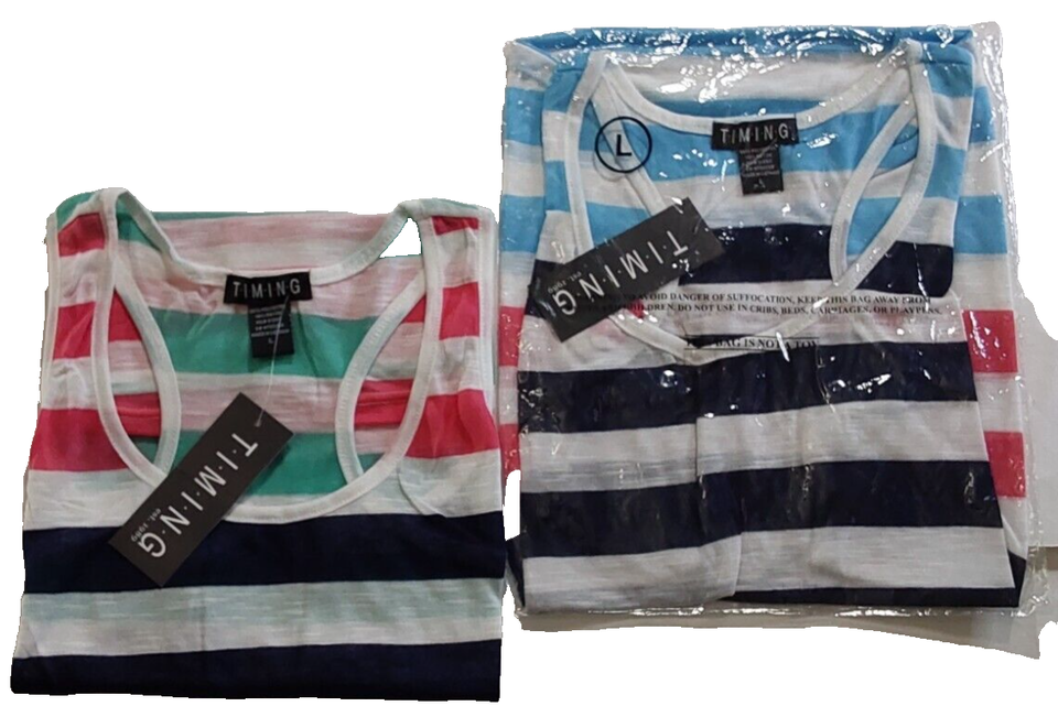 2 Timing Womens Racerback Tank Tees Multicolor Striped Lightweight ~ Large ~ NWT