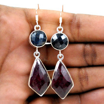 925 Sterling Silver Ruby &amp; Sapphire Handmade Earrings Xmas Gift Women ES-1049 - £47.26 GBP