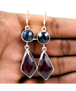 925 Sterling Silver Ruby &amp; Sapphire Handmade Earrings Xmas Gift Women ES... - £44.96 GBP