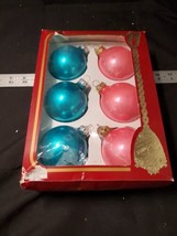 Vintage Glass Christmas Ornaments Victoria AQUA / PINK Glass Set of 6 - £9.15 GBP