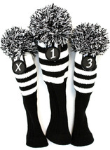 Retro Golf Headcover Black White Stripe Sock 3 piece Set Club Head Wood covers - £27.24 GBP