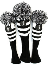 Retro Golf Headcover Black White Stripe Sock 3 piece Set Club Head Wood covers - £27.61 GBP