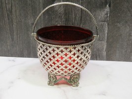 Antique Silver-plated Handled Basket w Ruby Red Glass Insert Liner Footed Handle - $94.05