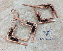 Handmade copper earrings: concentric squares wire wrapped with black onyx - £22.81 GBP