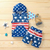 NEW 4th of July American Flag Patriotic Boys Hooded Tank Shorts Outfit Set - £8.81 GBP
