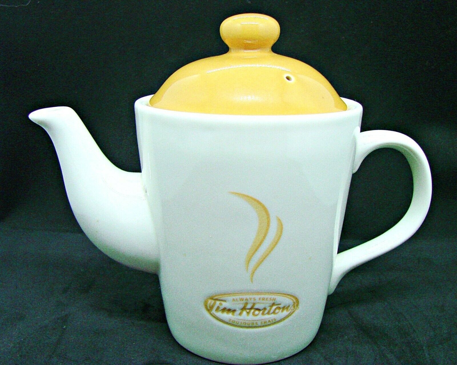 Primary image for TIM HORTONS Always Fresh Coffee Teapot Holds 2 Cup Porcelain Classic White Tan