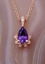 3Ct Pear Cut Simulated Amethyst Halo Pendant 14k Rose Gold Plated 18&quot; Free Chain - £45.30 GBP