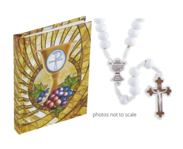 Girl&#39;s First Eucharist Communion Catholic Mass Book and White Wooden Rosary - £11.98 GBP