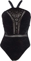 Hula Honey Juniors Crochet High Neck Halter One Piece Swimsuit,Black,Small - £31.84 GBP