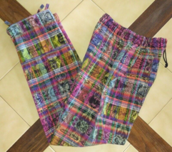Multi-Color Guatemalan Plaid Cropped Cotton Pants w/ Elastic Waist, Pock... - $24.40
