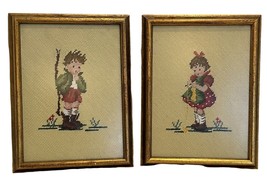 Handcrafted Needlepoint Framed Boy and Girl Child Portraits Child Handmade - £20.50 GBP
