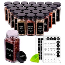 25 Spice Jars With 547 Labels- Glass Spice Jars With Black Metal Caps, 4Oz Empty - £36.88 GBP