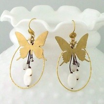 Golden Butterfly White Shell-Brass Dangle Earrings - £8.85 GBP