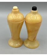 Vtg Beige Carvanite Salt &amp; Pepper Shakers Push Button Top Retro - $243.62 MXN