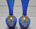 Vtg Bohemian Style Cobalt Glass Bud Vase Raised Enamel Flowers Painted 7... - $21.73