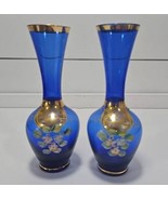 Vtg Bohemian Style Cobalt Glass Bud Vase Raised Enamel Flowers Painted 7... - $21.73