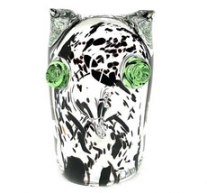 KALMAR Sweden Glass OWL Figurine Green Eyes Paperweight Black Green Clear 4&quot; - £13.39 GBP