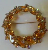 Vintage Amber Color Navette &amp; AB Rhinestone Wreath BROOCH 2-Tiered - £35.48 GBP