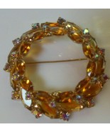 Vintage Amber Color Navette &amp; AB Rhinestone Wreath BROOCH 2-Tiered - £35.04 GBP