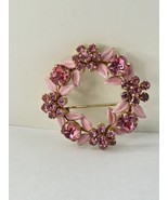 Vintage Gold Tone Enameled Flowers Pink Rhinestone Pin Brooch Retro - $31.46 CAD