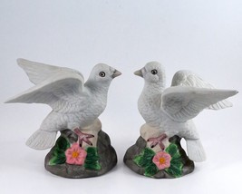 2 White Dove Bird Figurines Porcelain  &quot;Birds On Floral Rock&quot; 5 in Tall ... - £7.95 GBP