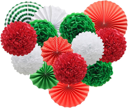 Red White Green Hanging Paper Party Decorations, round Paper Fans Set Paper Pom  - £17.68 GBP