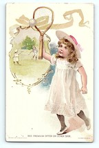 Victorian Trade Card 1894 Woolson Spice Co. Curly Hair Girl Hat Playing ... - £41.09 GBP