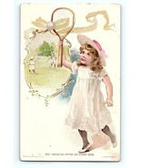 Victorian Trade Card 1894 Woolson Spice Co. Curly Hair Girl Hat Playing ... - £40.67 GBP