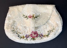 Vintage Beaded &amp; Floral Embroidered Clutch Wristlet Handbag Button Loop ... - £22.87 GBP