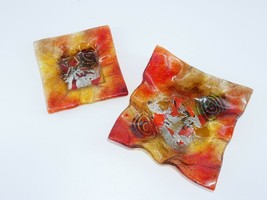 Pair of Multicolored Abstract Fused Art Glass Bowl Spiral Yellow Orange Harvest - £31.96 GBP