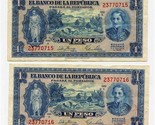 2 El Banco De La Republica Un Peso Oro Gold Banknotes Bogota Columbia 1953 - $27.72