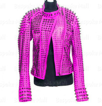 New Woman&#39;s Pink Silver Spiked Studded Unique Cowhide Biker Leather Jack... - £378.07 GBP