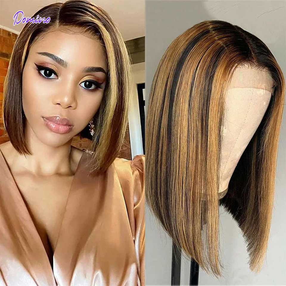 Domino Highlight Bob Wig Human Hair Brazilian Ombre Lace Closure Wig T Part - £51.55 GBP+