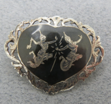 Siam Sterling Silver Heart Brooch Thai Dancers Black Nielloware Open Work 1.75&quot; - $27.71