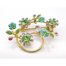 Vintage Curly Cue Floral Spray Brooch Gold Tone with Colorful Enamel and Crystal - £25.43 GBP