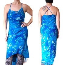 90s Aqua Blue Watercolor Floral Sleeveless Midi Slip Dress Crepe Sz 8 VTG - $48.29