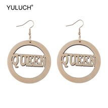 YULUCH 2019 Ethnic Big Round Wooden Hollow Letter Queen Drop Earrings Af... - $7.44
